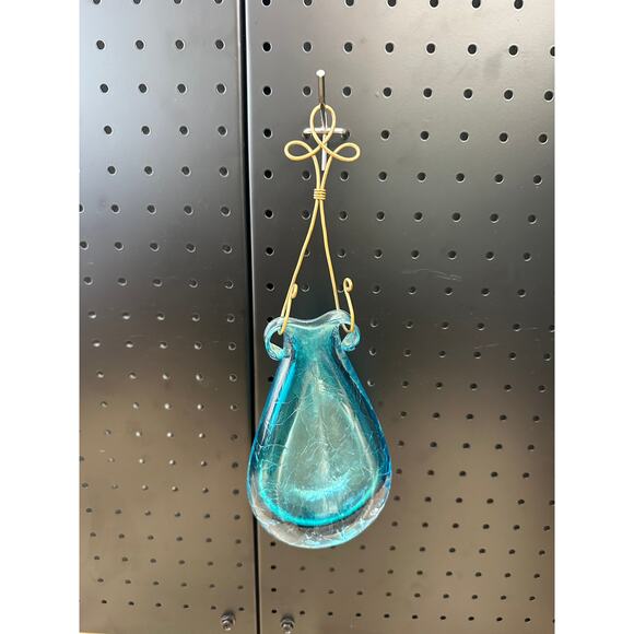 Hand Blown Hanging Vase Blue Crackle Glass - Picture 1 of 4